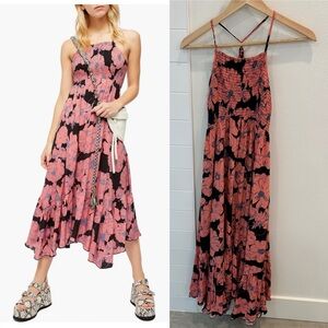 Free People Pink and Black Floral Midi Dress